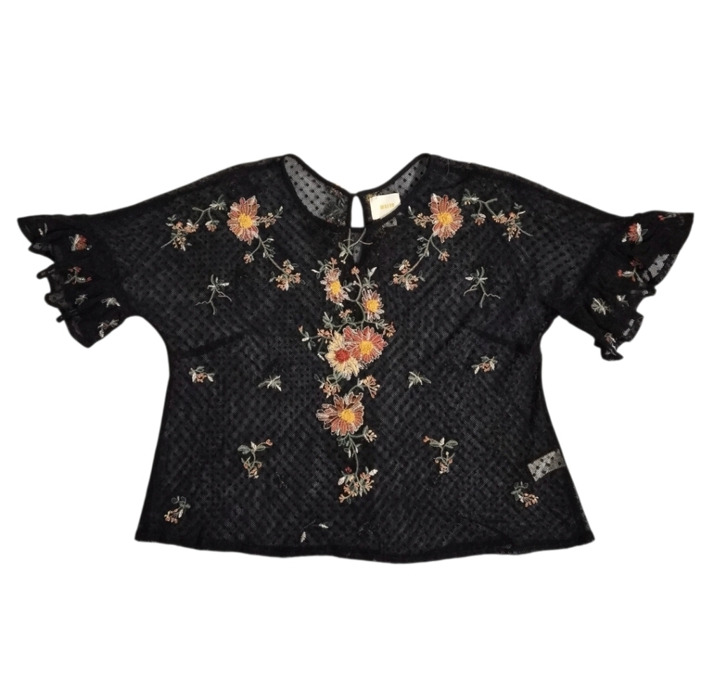 Anthropologie Maeve Embroidered Cadiz Top Floral Sheer Ruffle Sleeve sz M